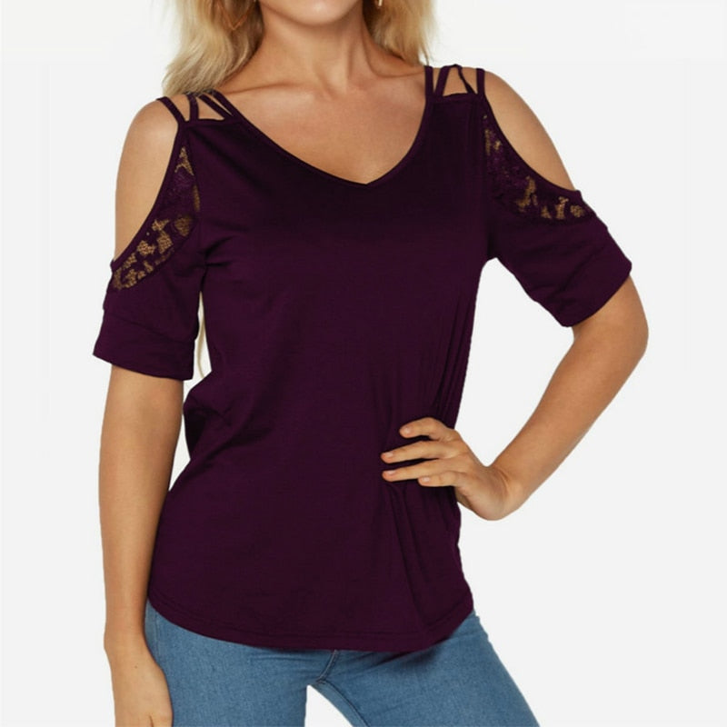 Umeko Off The Shoulder T Shirt Summer New Chic Simple Solid Color V-Neck Lace Short Sleeve Plus Size Casual Clothes Y2k Top