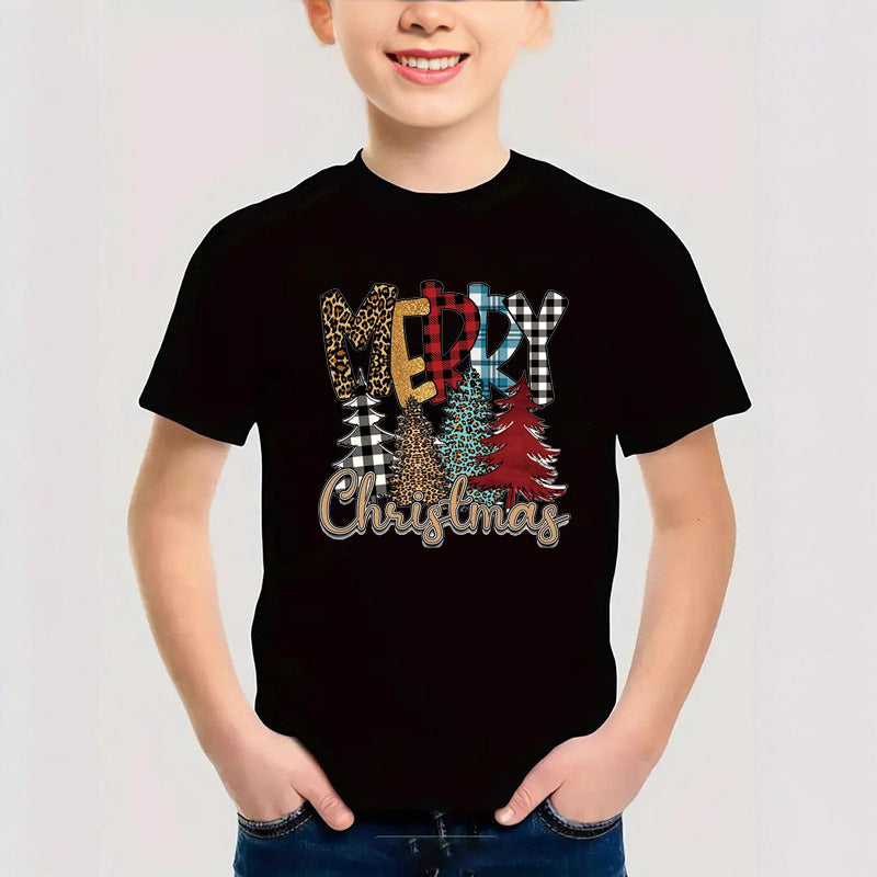 Cotton New Christmas Children's Short Sleeve Girls' T-Shirt Kids Clothing Boys' Short Sleeve