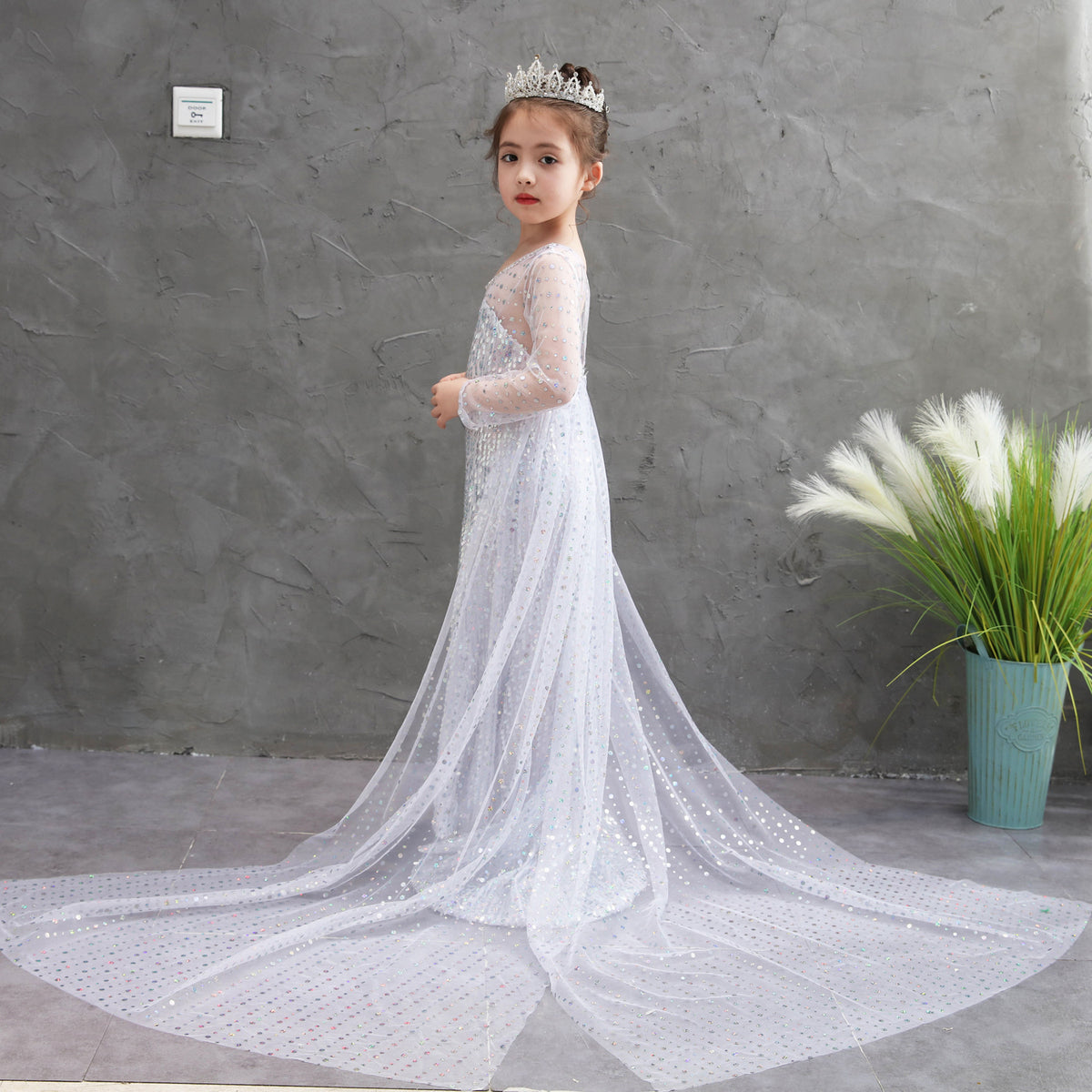 Fashion Style + Pattern Style + Sleeve Length + One Obvious Feature + Silhouette + Type of Clothing  →  **Halloween Kids' Summer Dress for Girls, Frozen Elsa Princess Dress, Long Sleeve, Snowflake Print, A-Line, Children's Dress**