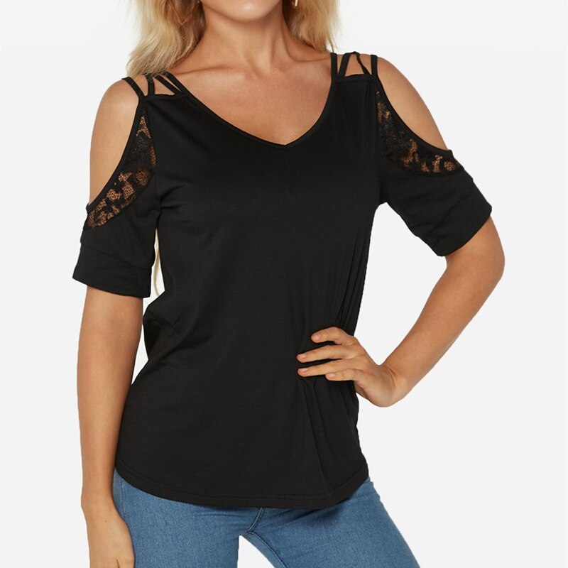 Umeko Off The Shoulder T Shirt Summer New Chic Simple Solid Color V-Neck Lace Short Sleeve Plus Size Casual Clothes Y2k Top