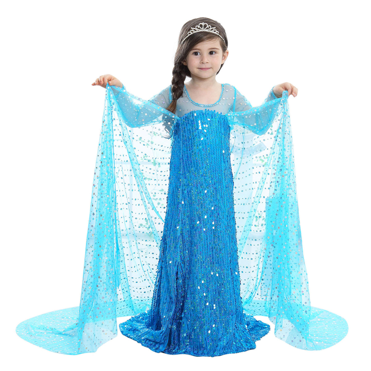 Fashion Style + Pattern Style + Sleeve Length + One Obvious Feature + Silhouette + Type of Clothing  →  **Halloween Kids' Summer Dress for Girls, Frozen Elsa Princess Dress, Long Sleeve, Snowflake Print, A-Line, Children's Dress**