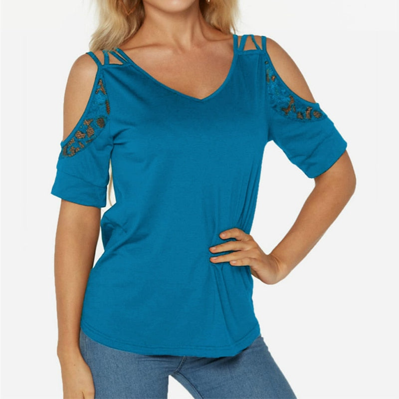 Umeko Off The Shoulder T Shirt Summer New Chic Simple Solid Color V-Neck Lace Short Sleeve Plus Size Casual Clothes Y2k Top
