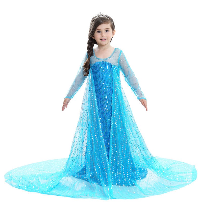 Fashion Style + Pattern Style + Sleeve Length + One Obvious Feature + Silhouette + Type of Clothing  →  **Halloween Kids' Summer Dress for Girls, Frozen Elsa Princess Dress, Long Sleeve, Snowflake Print, A-Line, Children's Dress**