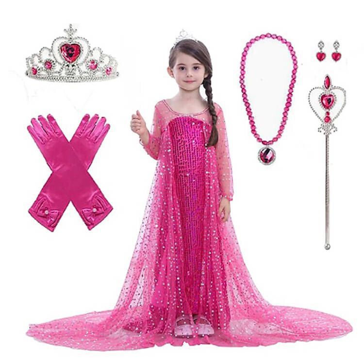 Fashion Style + Pattern Style + Sleeve Length + One Obvious Feature + Silhouette + Type of Clothing  →  **Halloween Kids' Summer Dress for Girls, Frozen Elsa Princess Dress, Long Sleeve, Snowflake Print, A-Line, Children's Dress**