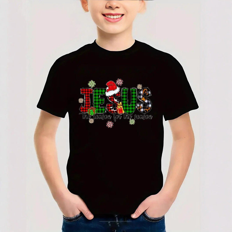 Cotton New Christmas Children's Short Sleeve Girls' T-Shirt Kids Clothing Boys' Short Sleeve