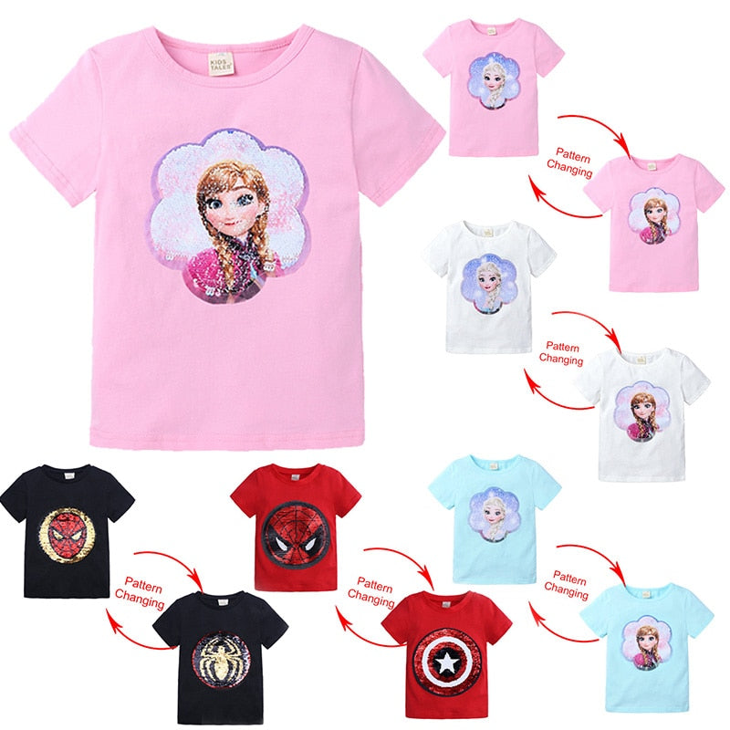 Kids Girls T shirts Summer Elsa Sequins For Spiderman T shirt Face Change Boys T Shirts New Children Tops Shirt Clothes 2-8Yrs