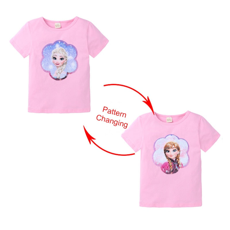 Kids Girls T shirts Summer Elsa Sequins For Spiderman T shirt Face Change Boys T Shirts New Children Tops Shirt Clothes 2-8Yrs