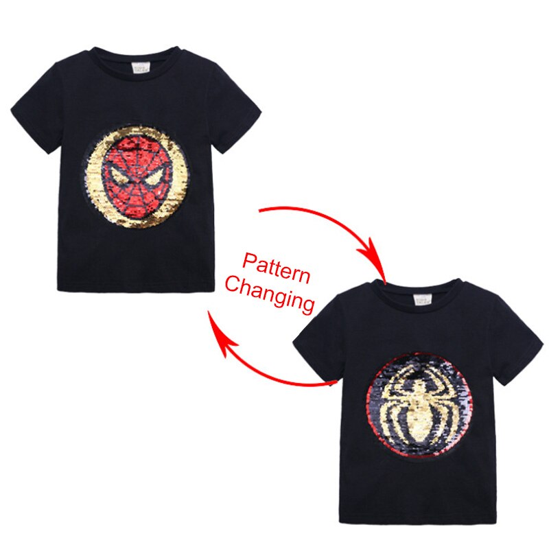 Kids Girls T shirts Summer Elsa Sequins For Spiderman T shirt Face Change Boys T Shirts New Children Tops Shirt Clothes 2-8Yrs