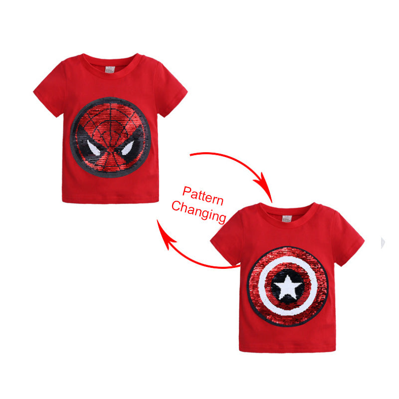 Kids Girls T shirts Summer Elsa Sequins For Spiderman T shirt Face Change Boys T Shirts New Children Tops Shirt Clothes 2-8Yrs