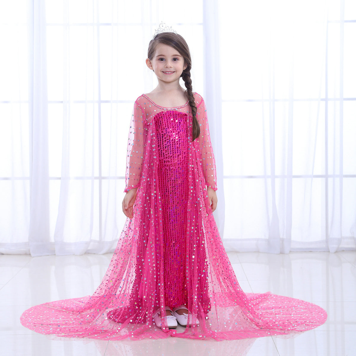 Fashion Style + Pattern Style + Sleeve Length + One Obvious Feature + Silhouette + Type of Clothing  →  **Halloween Kids' Summer Dress for Girls, Frozen Elsa Princess Dress, Long Sleeve, Snowflake Print, A-Line, Children's Dress**