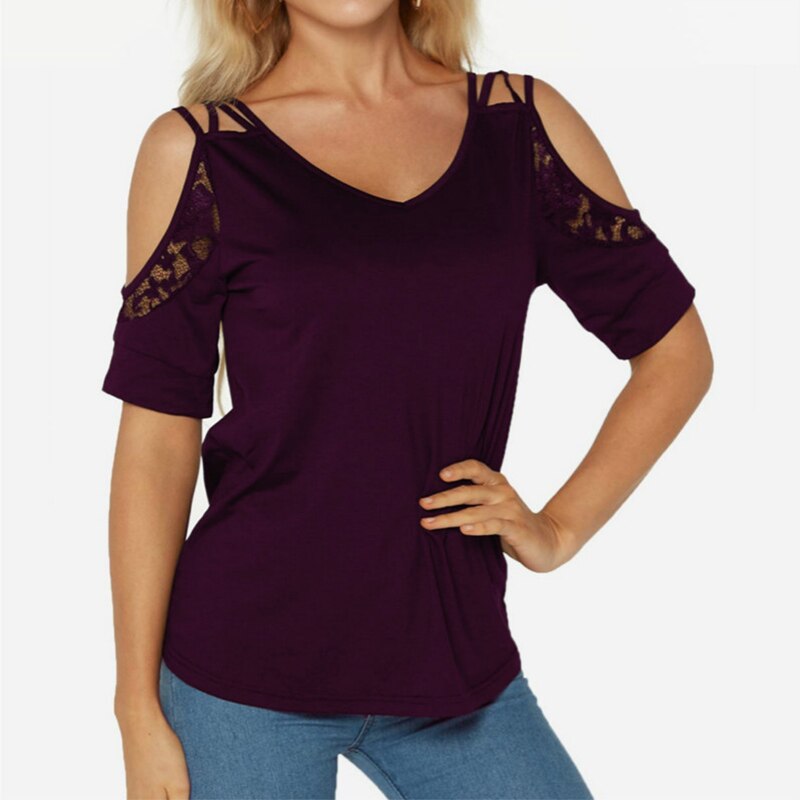 Umeko Off The Shoulder T Shirt Summer New Chic Simple Solid Color V-Neck Lace Short Sleeve Plus Size Casual Clothes Y2k Top