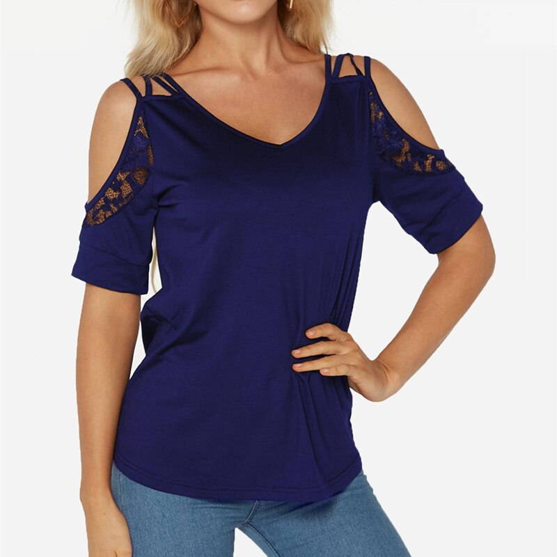 Umeko Off The Shoulder T Shirt Summer New Chic Simple Solid Color V-Neck Lace Short Sleeve Plus Size Casual Clothes Y2k Top