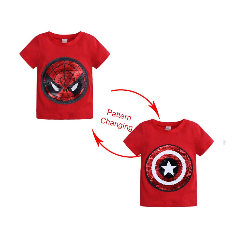 Kids Girls T shirts Summer Elsa Sequins For Spiderman T shirt Face Change Boys T Shirts New Children Tops Shirt Clothes 2-8Yrs