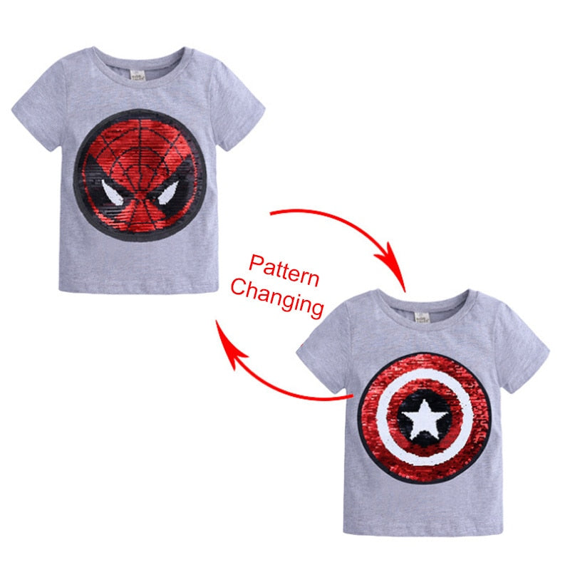 Kids Girls T shirts Summer Elsa Sequins For Spiderman T shirt Face Change Boys T Shirts New Children Tops Shirt Clothes 2-8Yrs