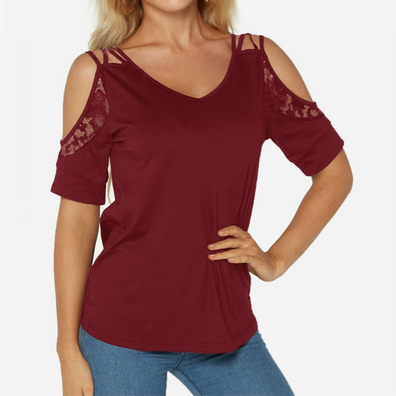 Umeko Off The Shoulder T Shirt Summer New Chic Simple Solid Color V-Neck Lace Short Sleeve Plus Size Casual Clothes Y2k Top