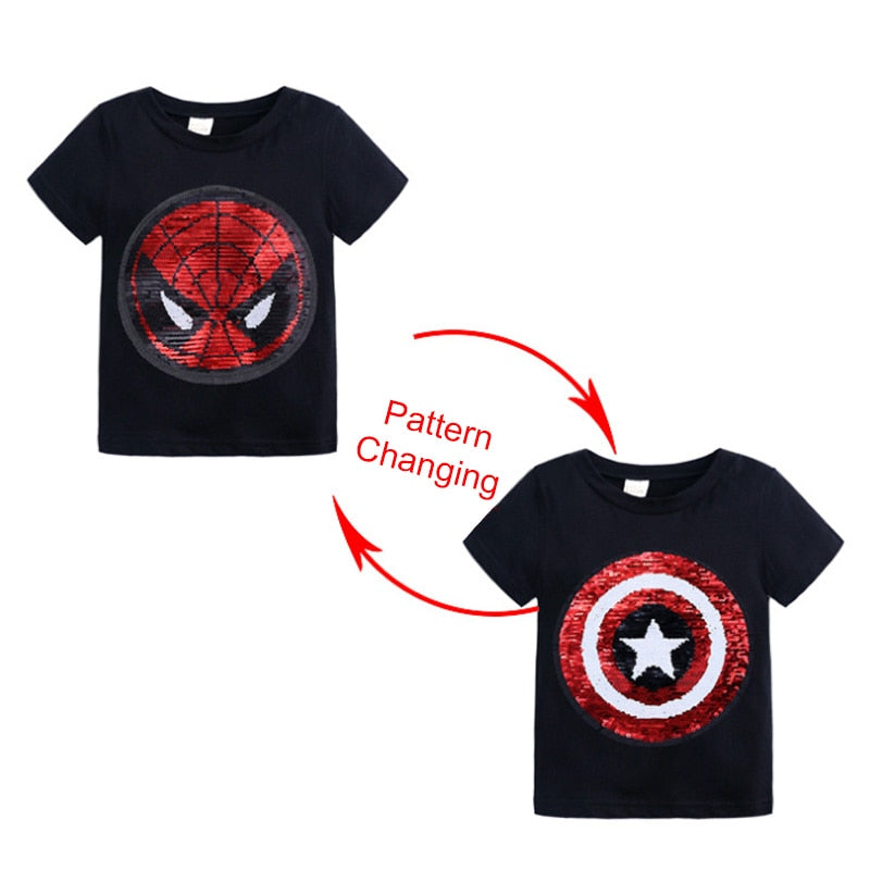 Kids Girls T shirts Summer Elsa Sequins For Spiderman T shirt Face Change Boys T Shirts New Children Tops Shirt Clothes 2-8Yrs