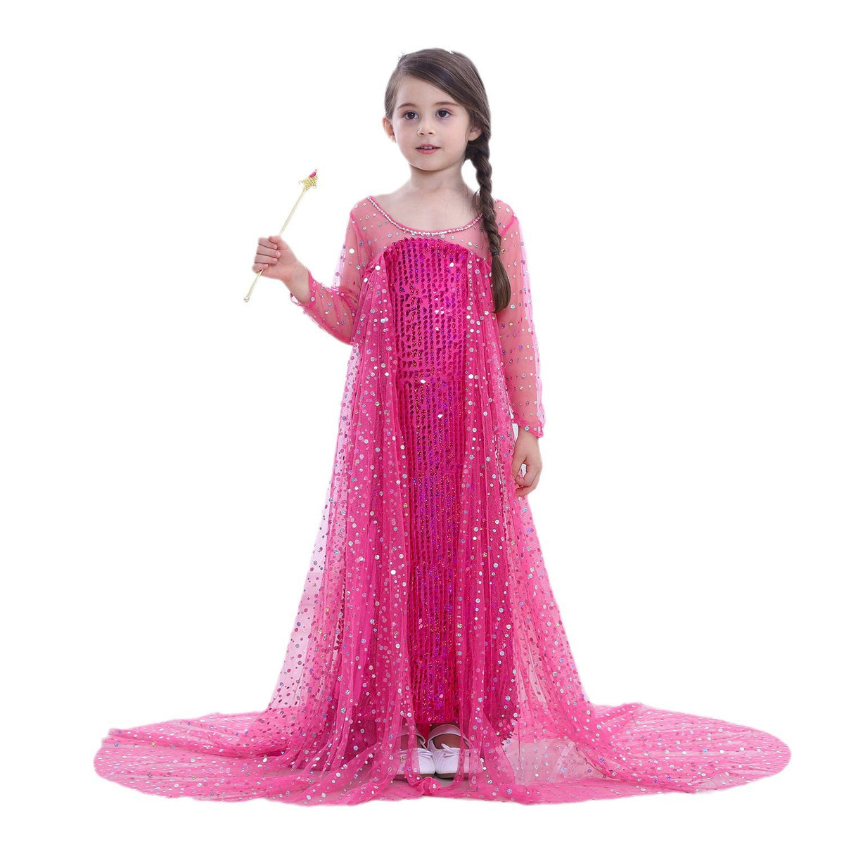 Fashion Style + Pattern Style + Sleeve Length + One Obvious Feature + Silhouette + Type of Clothing  →  **Halloween Kids' Summer Dress for Girls, Frozen Elsa Princess Dress, Long Sleeve, Snowflake Print, A-Line, Children's Dress**