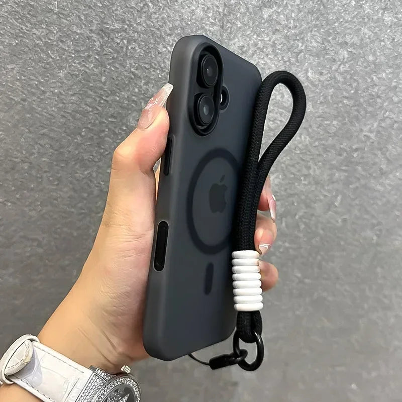 For Magsafe Candy Color Contrast Lanyard Case For iPhone 16 15 17 Pro Max 14 Plus 11 12 13 16e Hand Wrist Strap Matte Soft Cover