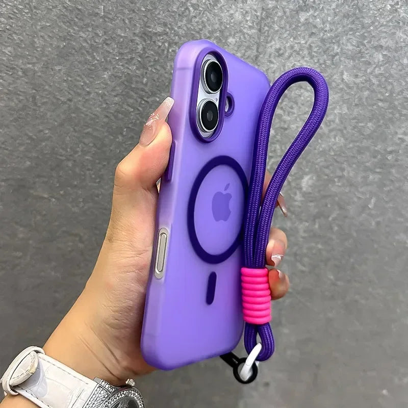 For Magsafe Candy Color Contrast Lanyard Case For iPhone 16 15 17 Pro Max 14 Plus 11 12 13 16e Hand Wrist Strap Matte Soft Cover