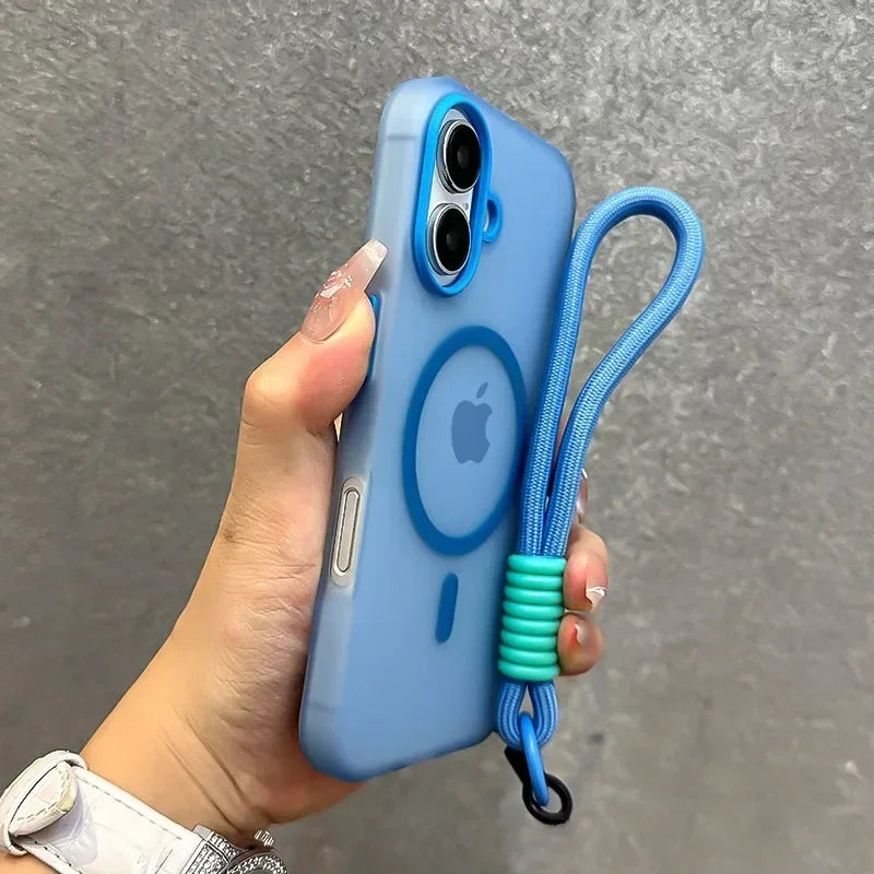 For Magsafe Candy Color Contrast Lanyard Case For iPhone 16 15 17 Pro Max 14 Plus 11 12 13 16e Hand Wrist Strap Matte Soft Cover