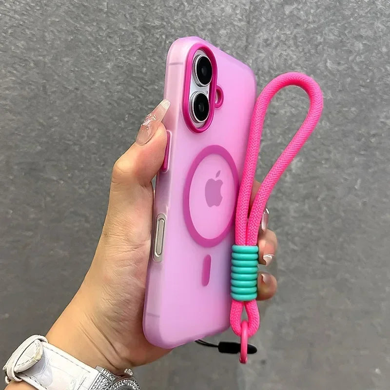 For Magsafe Candy Color Contrast Lanyard Case For iPhone 16 15 17 Pro Max 14 Plus 11 12 13 16e Hand Wrist Strap Matte Soft Cover