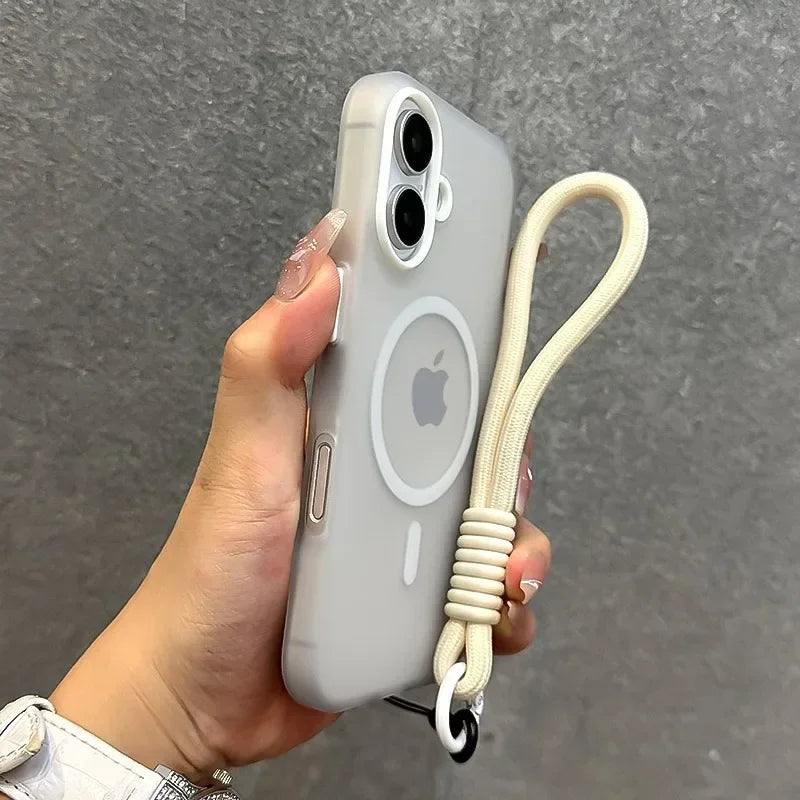 For Magsafe Candy Color Contrast Lanyard Case For iPhone 16 15 17 Pro Max 14 Plus 11 12 13 16e Hand Wrist Strap Matte Soft Cover