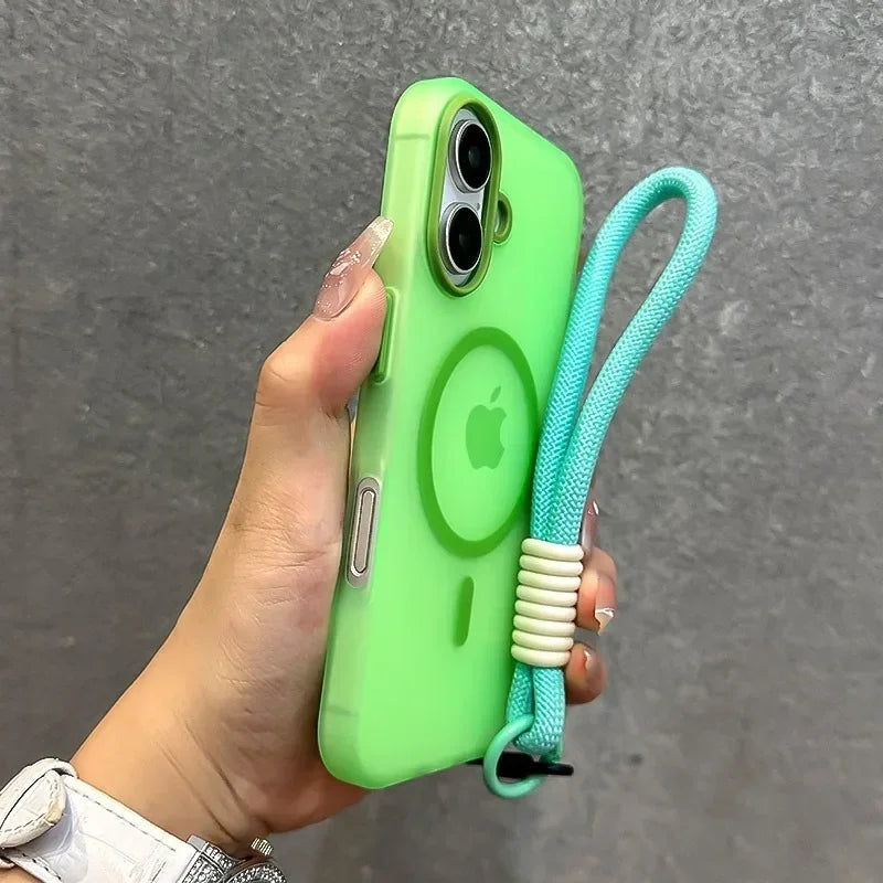 For Magsafe Candy Color Contrast Lanyard Case For iPhone 16 15 17 Pro Max 14 Plus 11 12 13 16e Hand Wrist Strap Matte Soft Cover